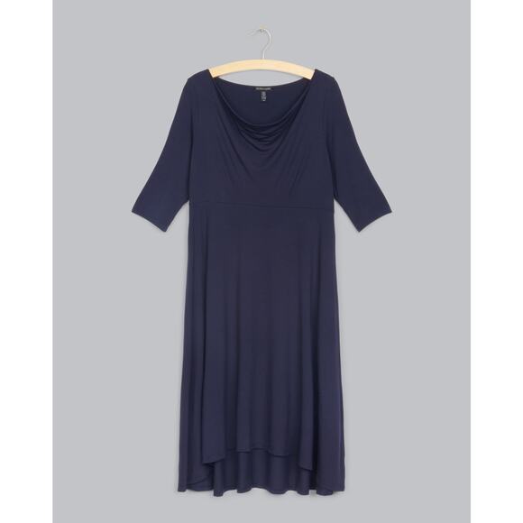Eileen Fisher Navy Drape Neck Knit Midi Dress XS Fit Flare Stretchy Workwear - Picture 2 of 6